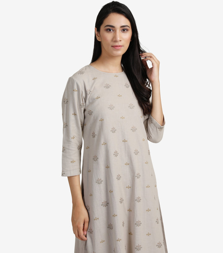 Beige Embroidered Viscose Linen Kurta & Cotton Pants Set