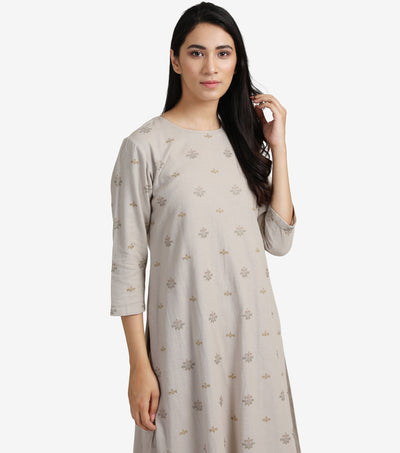 Beige Embroidered Viscose Linen Kurta & Cotton Pants Set