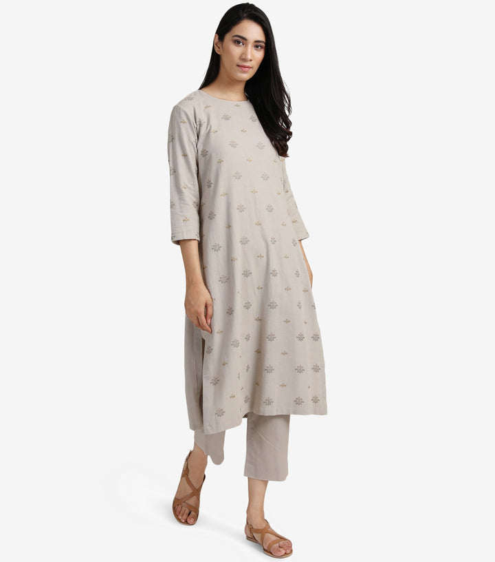 Beige Embroidered Viscose Linen Kurta & Cotton Pants Set