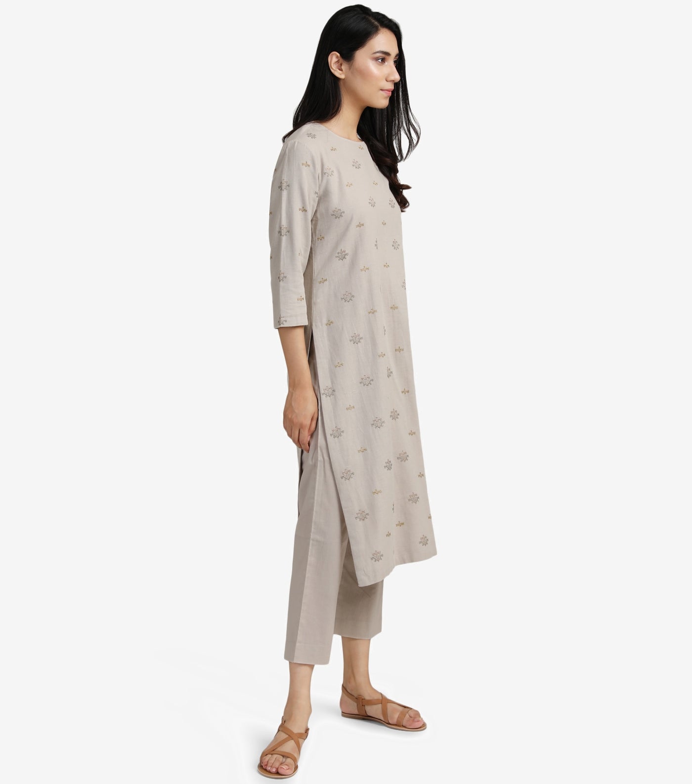 Beige Embroidered Viscose Linen Kurta & Cotton Pants Set
