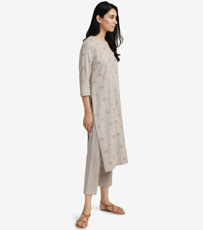 Beige Embroidered Viscose Linen Kurta & Cotton Pants Set