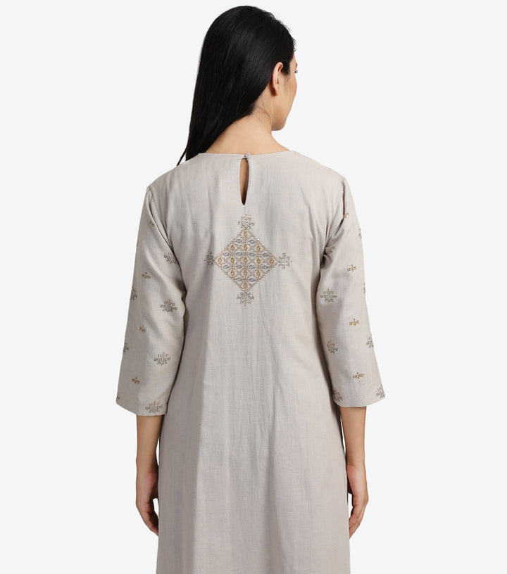Beige Embroidered Viscose Linen Kurta & Cotton Pants Set