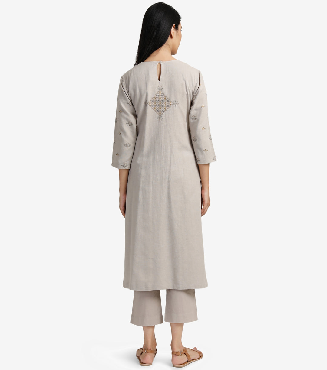 Beige Embroidered Viscose Linen Kurta & Cotton Pants Set