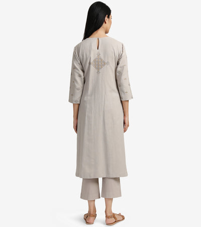 Beige Embroidered Viscose Linen Kurta & Cotton Pants Set
