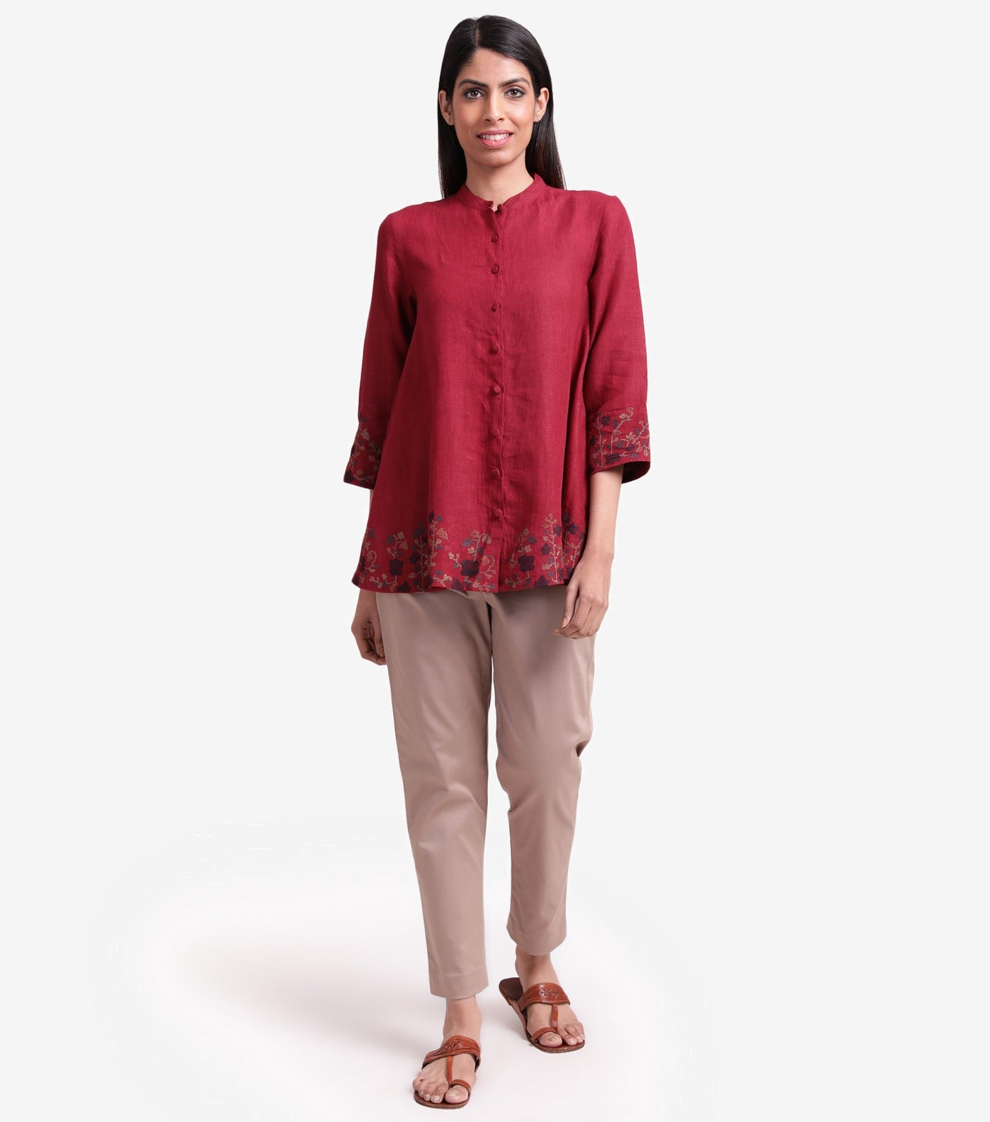 Maroon embroidered cotton linen shirt