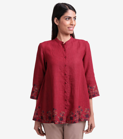 Maroon embroidered cotton linen shirt