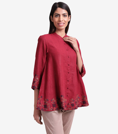 Maroon embroidered cotton linen shirt