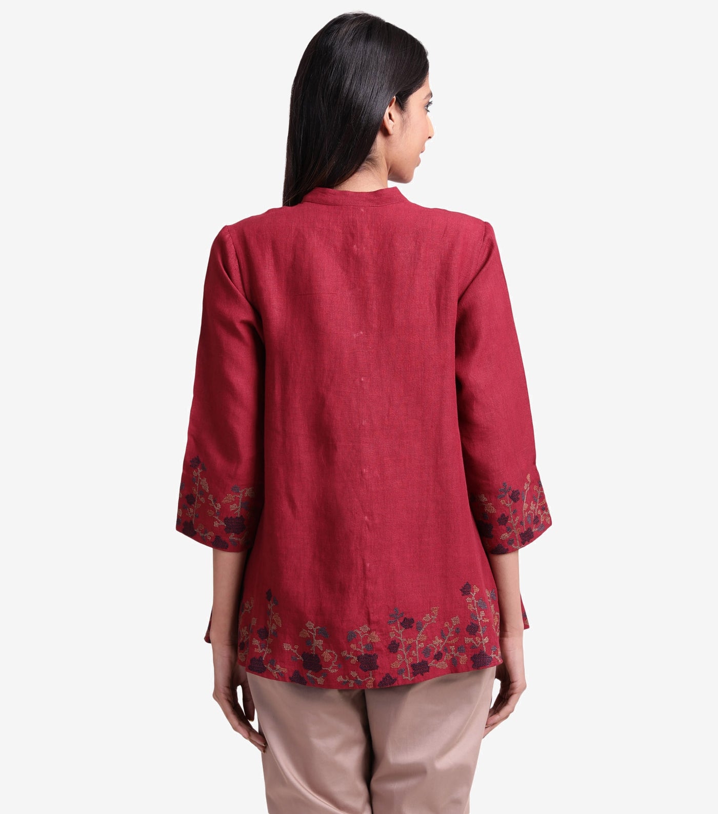 Maroon embroidered cotton linen shirt