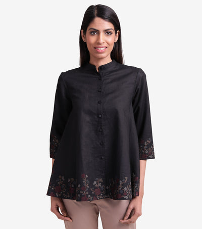 Black embroidered cotton linen shirt