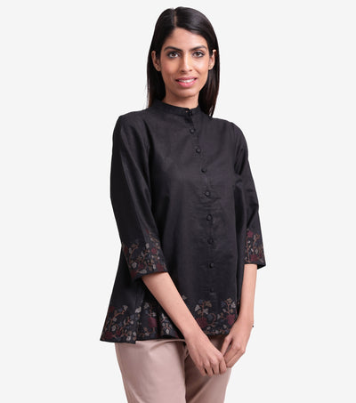 Black embroidered cotton linen shirt