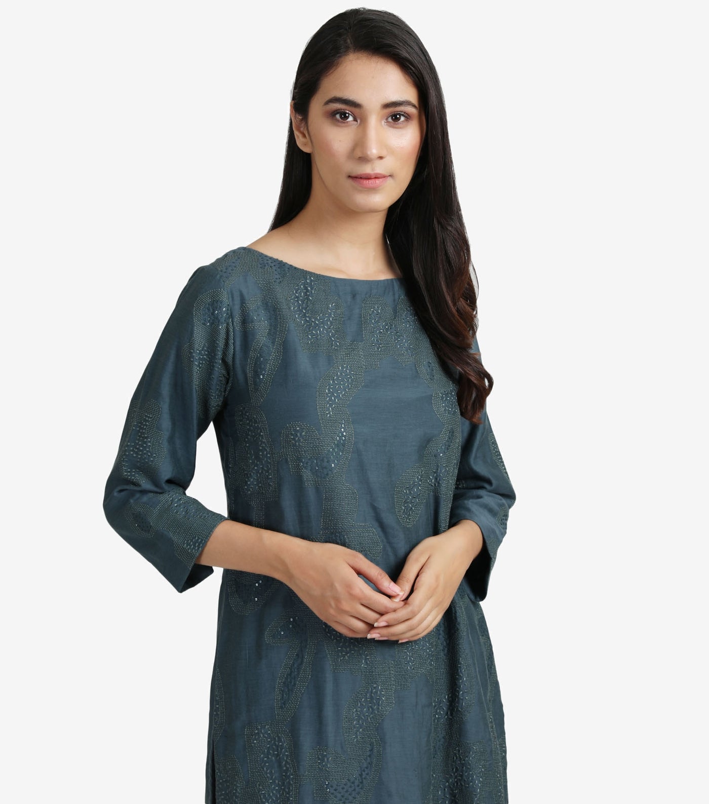 Blue embroidered silk cotton kurta