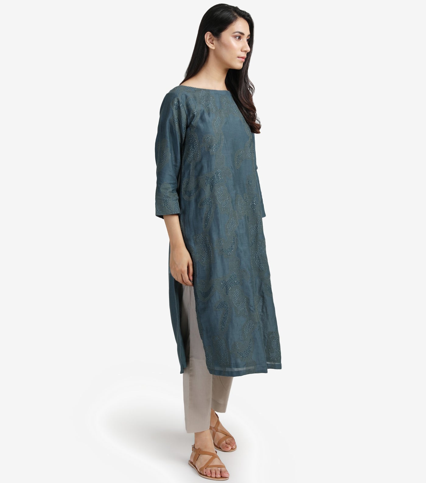 Blue embroidered silk cotton kurta