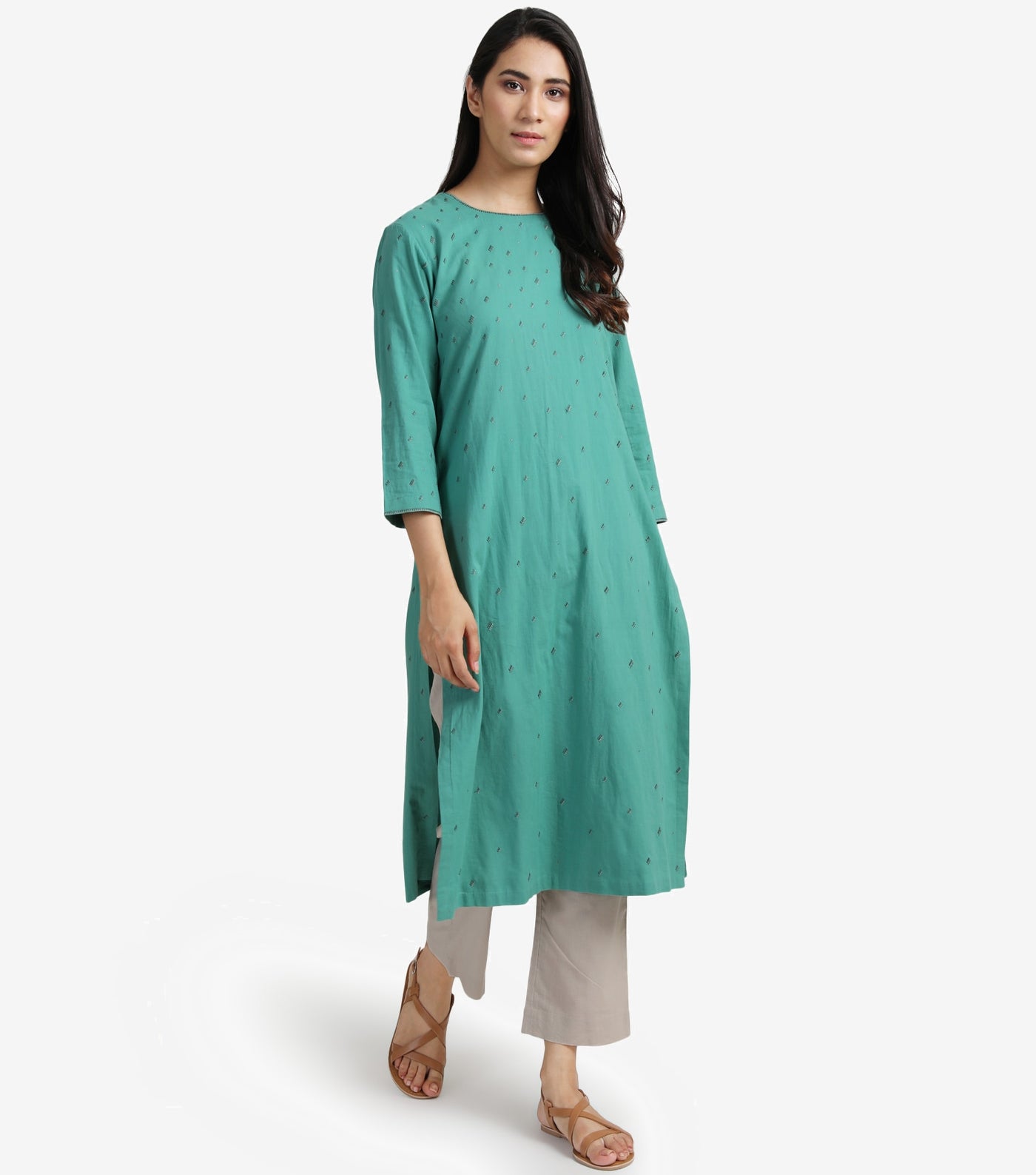 Green cotton embroidered kurta