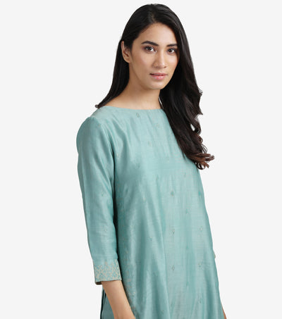 Sky Blue Embroidered Cotton silk kurta & cotton pants set
