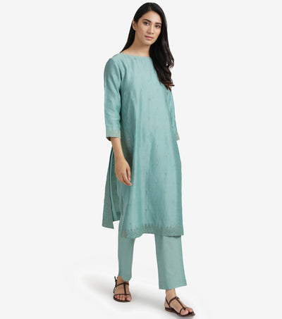 Sky Blue Embroidered Cotton silk kurta & cotton pants set