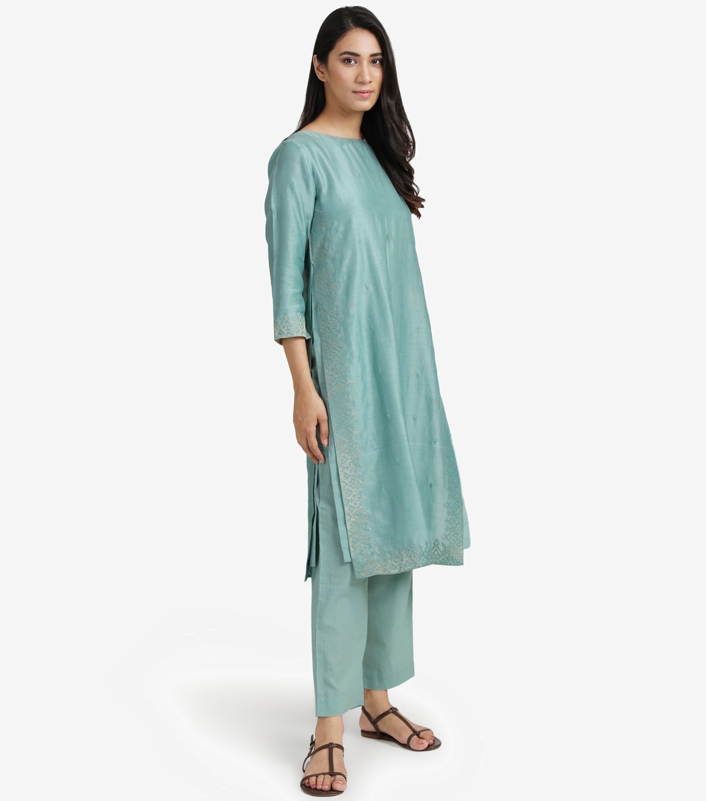 Sky Blue Embroidered Cotton silk kurta & cotton pants set