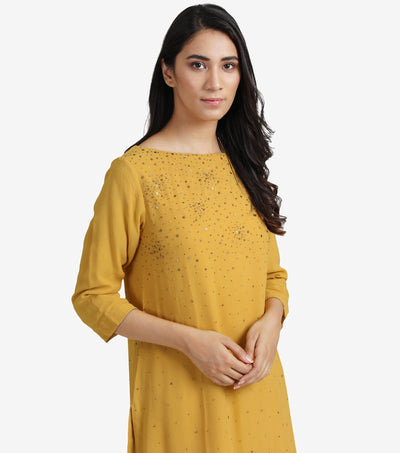 Yellow Georgette Embellished Kurta & cotton silk pants Set