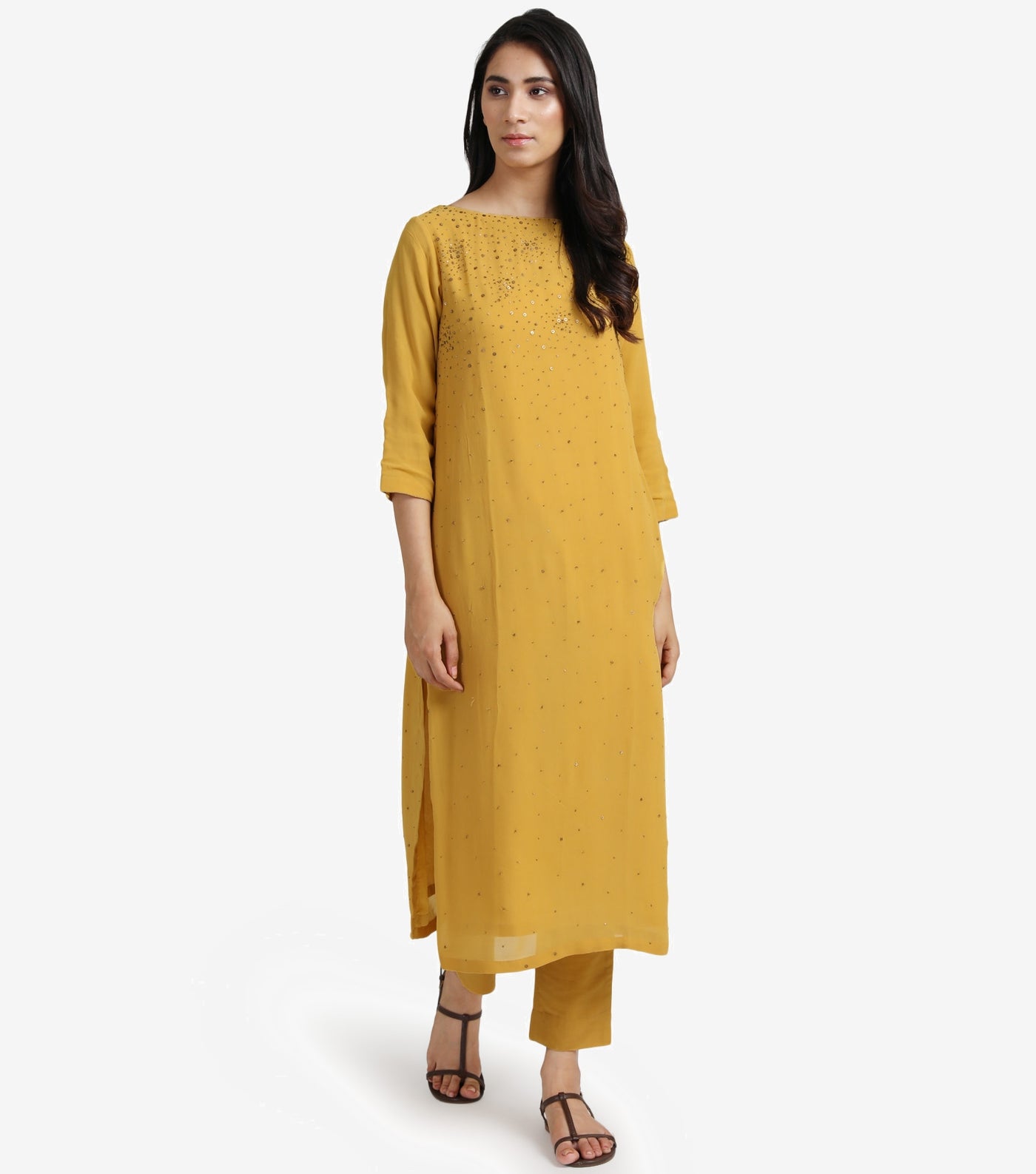 Yellow Georgette Embellished Kurta & cotton silk pants Set