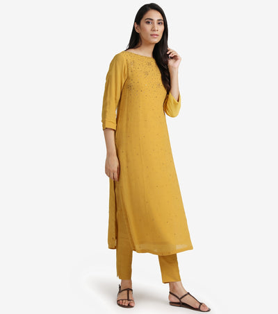 Yellow Georgette Embellished Kurta & cotton silk pants Set