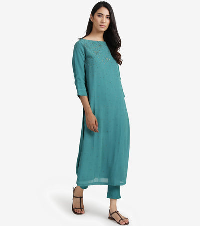 Teal Georgette Embellished Kurta & cotton silk pants Set