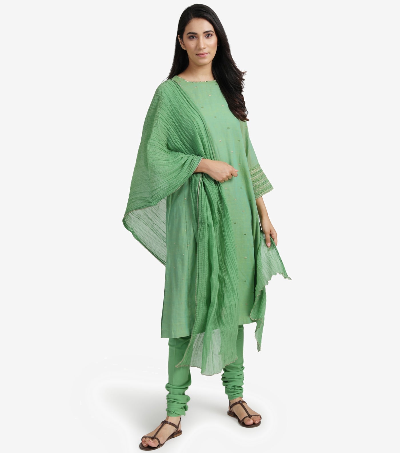 Leaf Green embroidered chanderi suit set