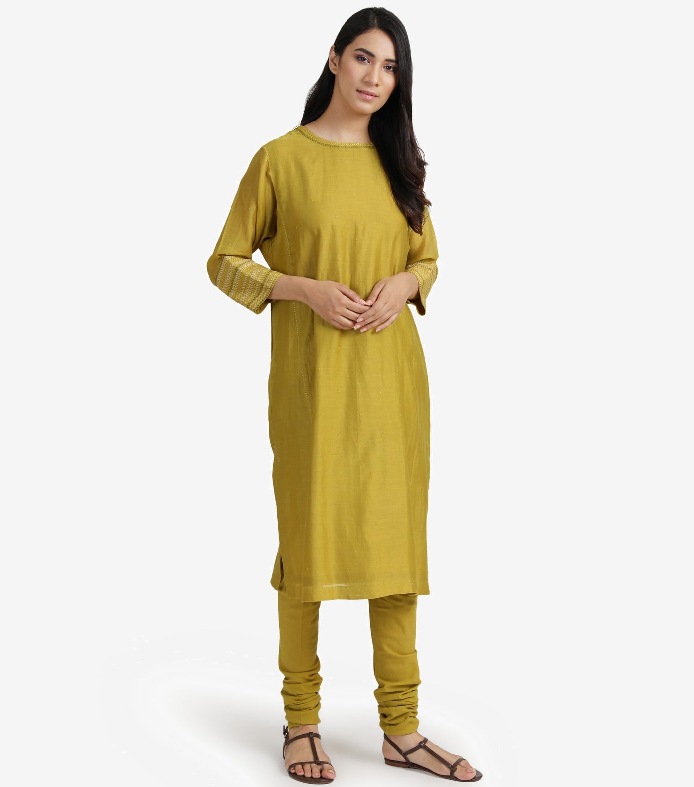 Yellow embroidered chanderi kurta & Cotton Churidaar set