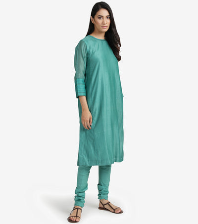 Sea green Cotton Silk kurta & cotton churidaar set