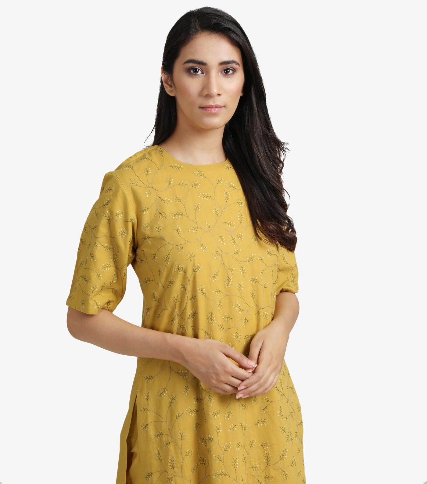 Sun Yellow embroidered cotton kurta & churidaar set