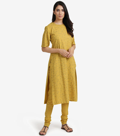 Sun Yellow embroidered cotton kurta & churidaar set