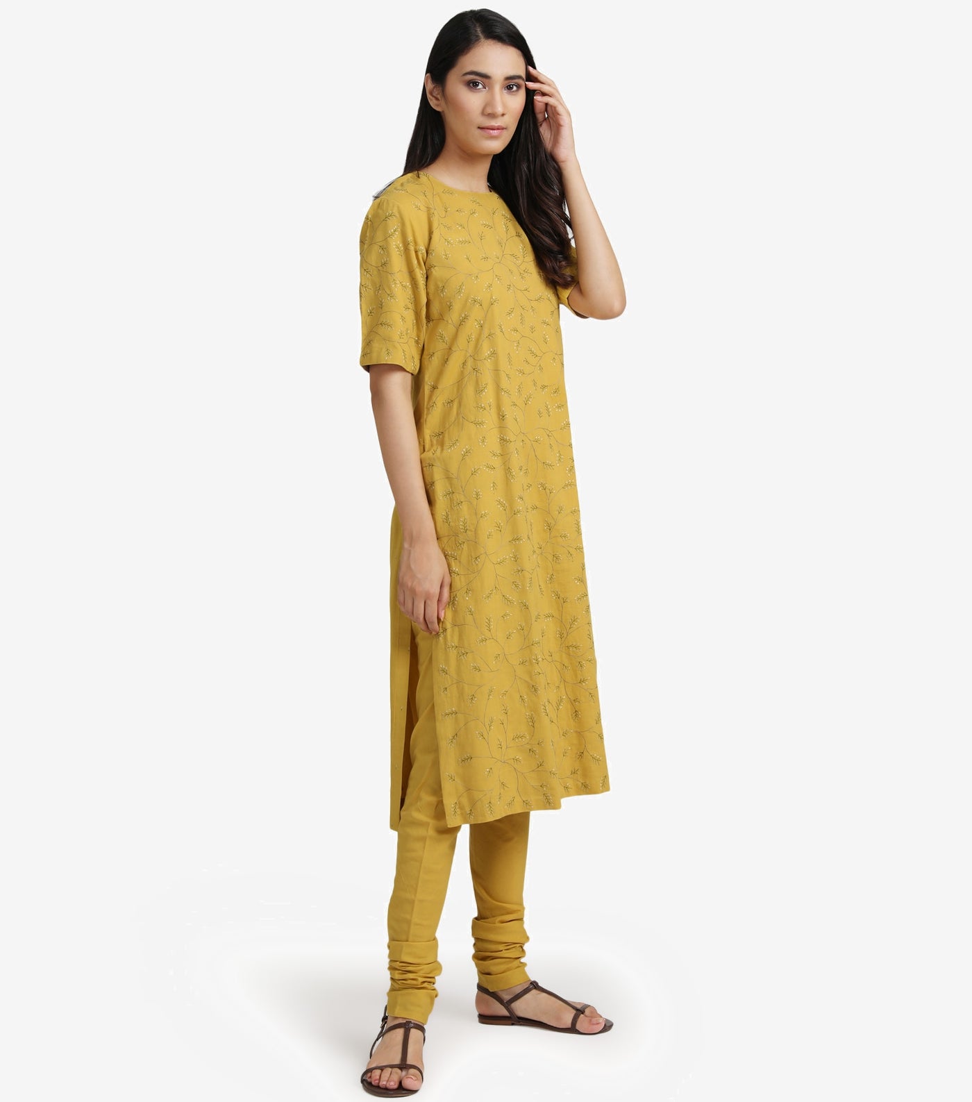 Sun Yellow embroidered cotton kurta & churidaar set