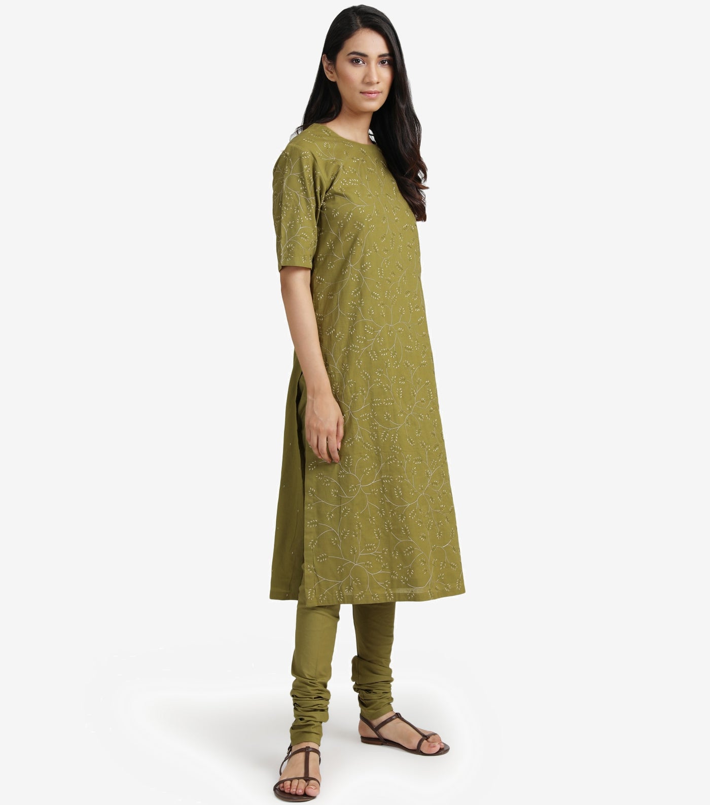 Olive Green embroidered cotton kurta & churidaar set