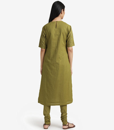 Olive Green embroidered cotton kurta & churidaar set