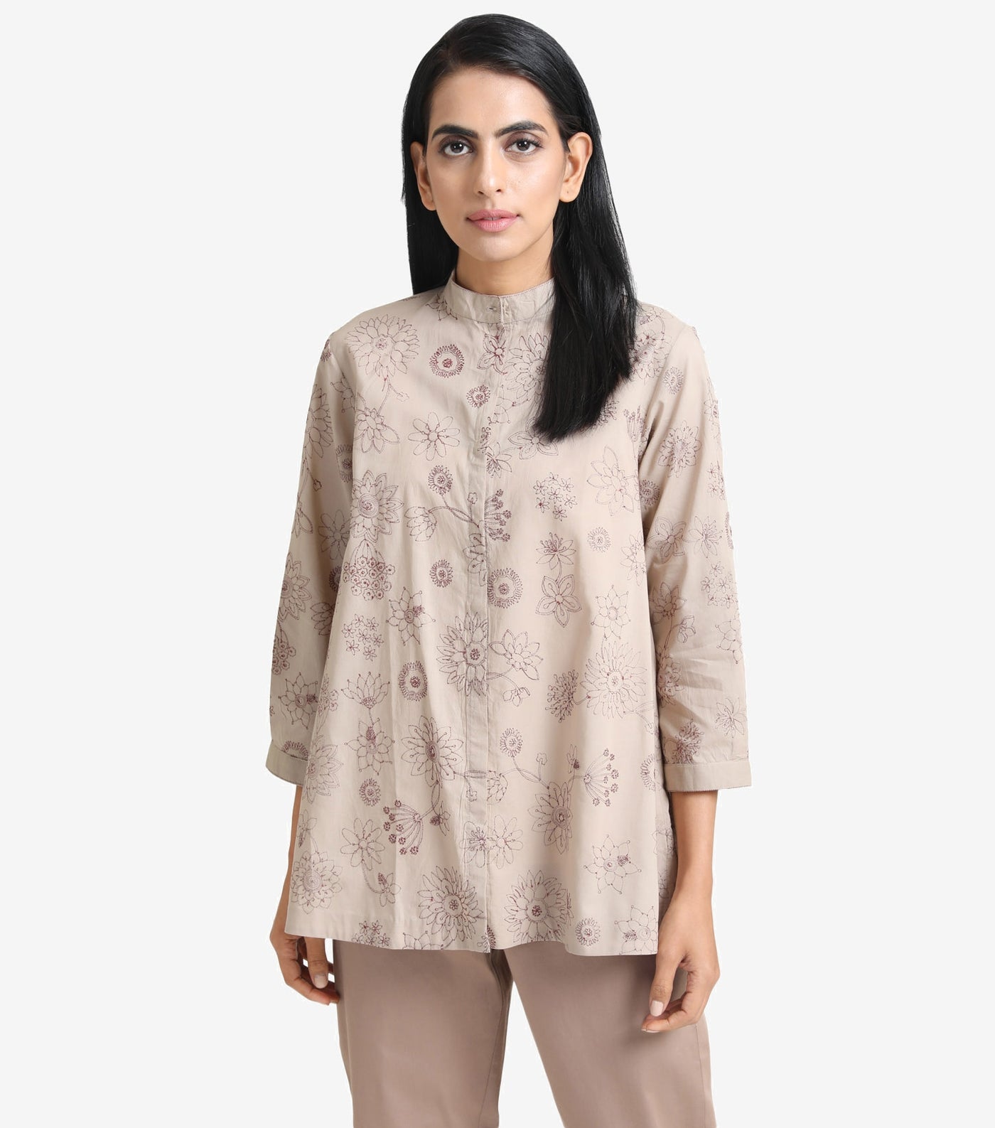 Beige Embroidered Cotton Shirt