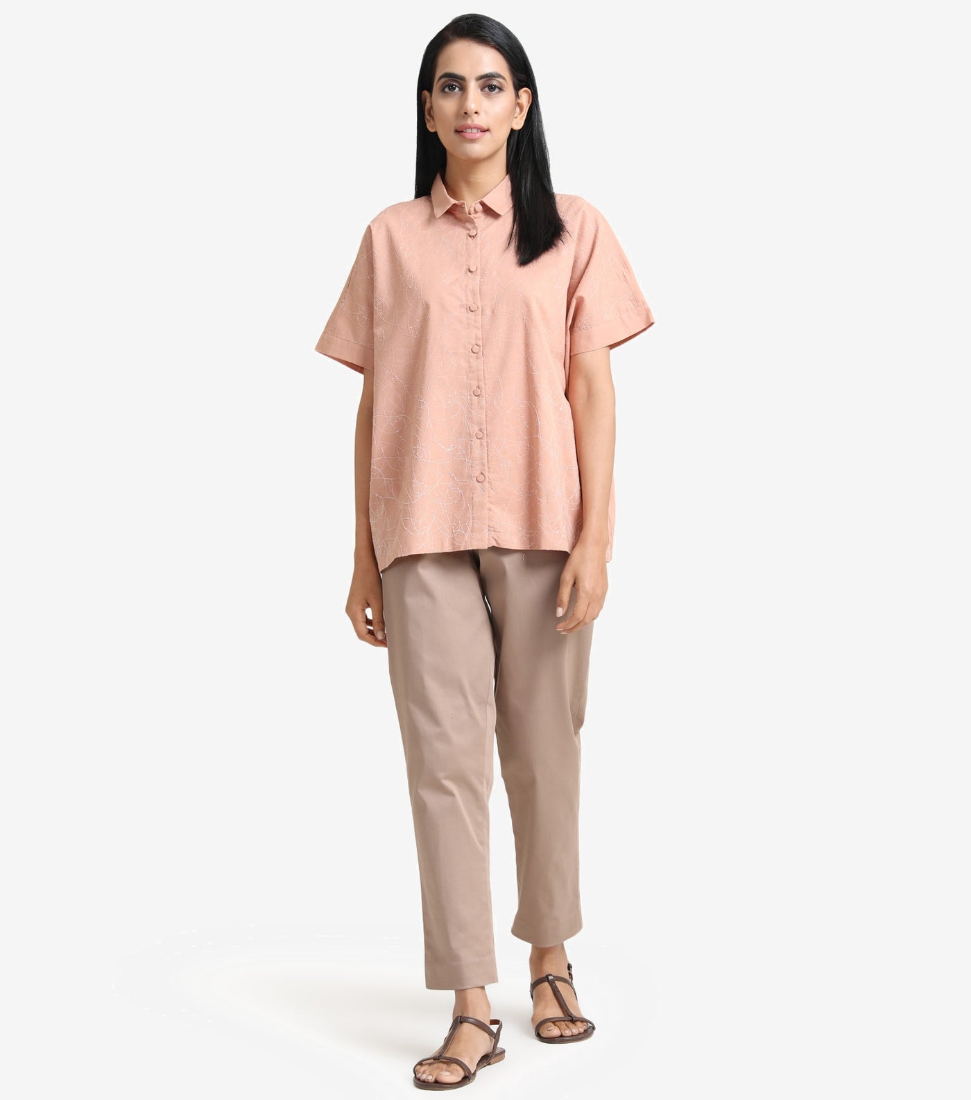 Peach Cotton Embroidered Shirt