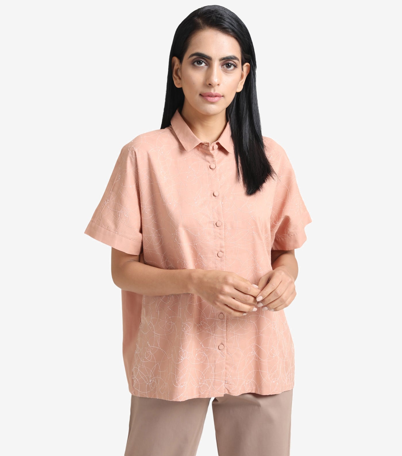 Peach Cotton Embroidered Shirt