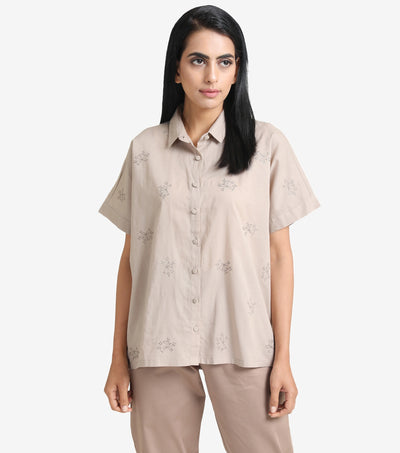 Beige Cotton Embroidered Shirt