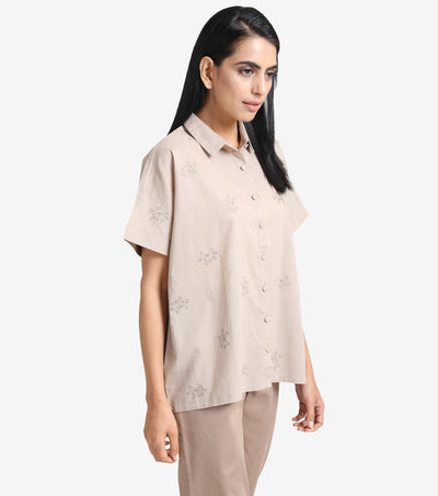 Beige Cotton Embroidered Shirt