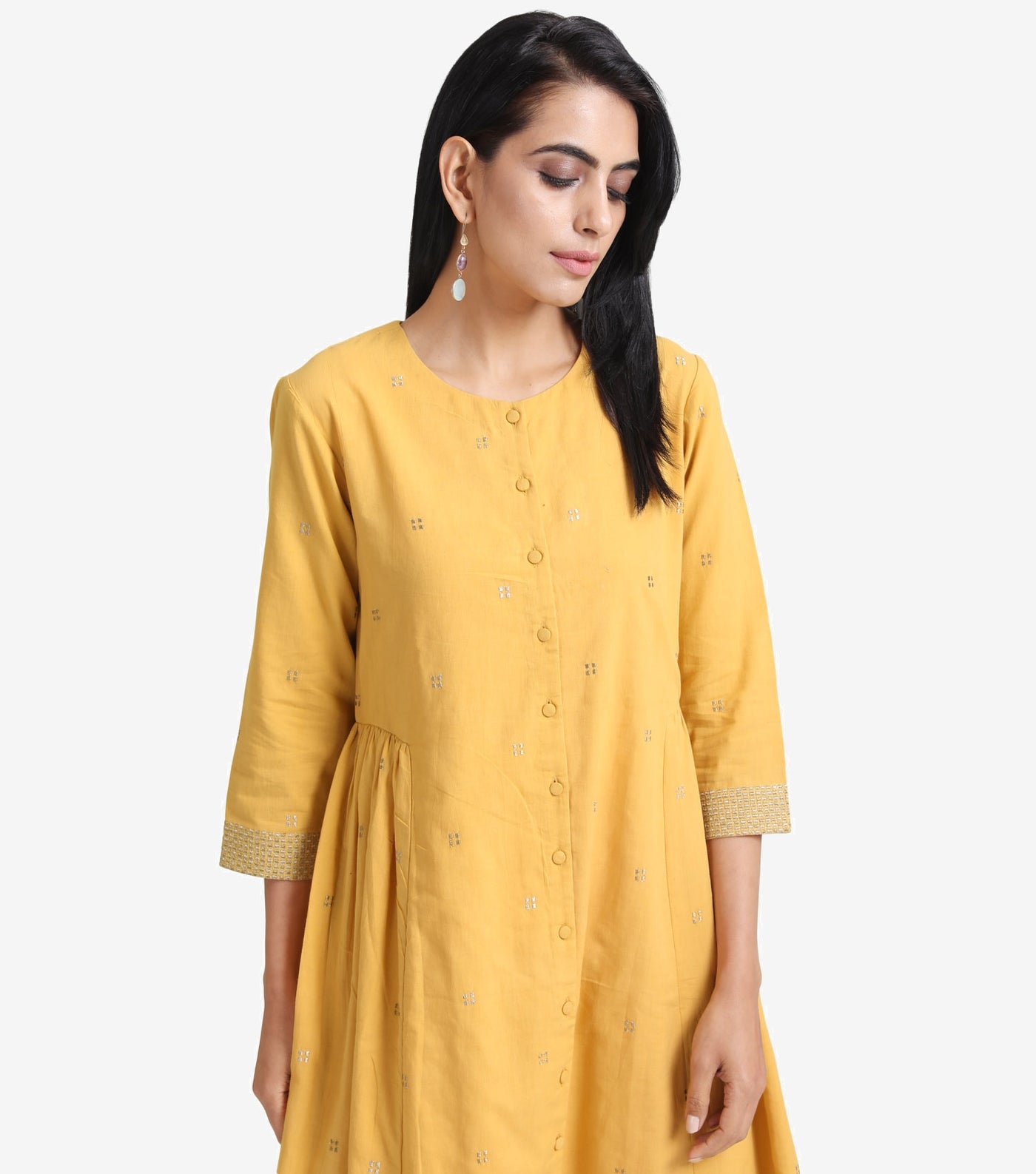 Yellow cotton embroidered kurta