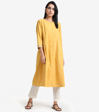 Yellow cotton embroidered kurta