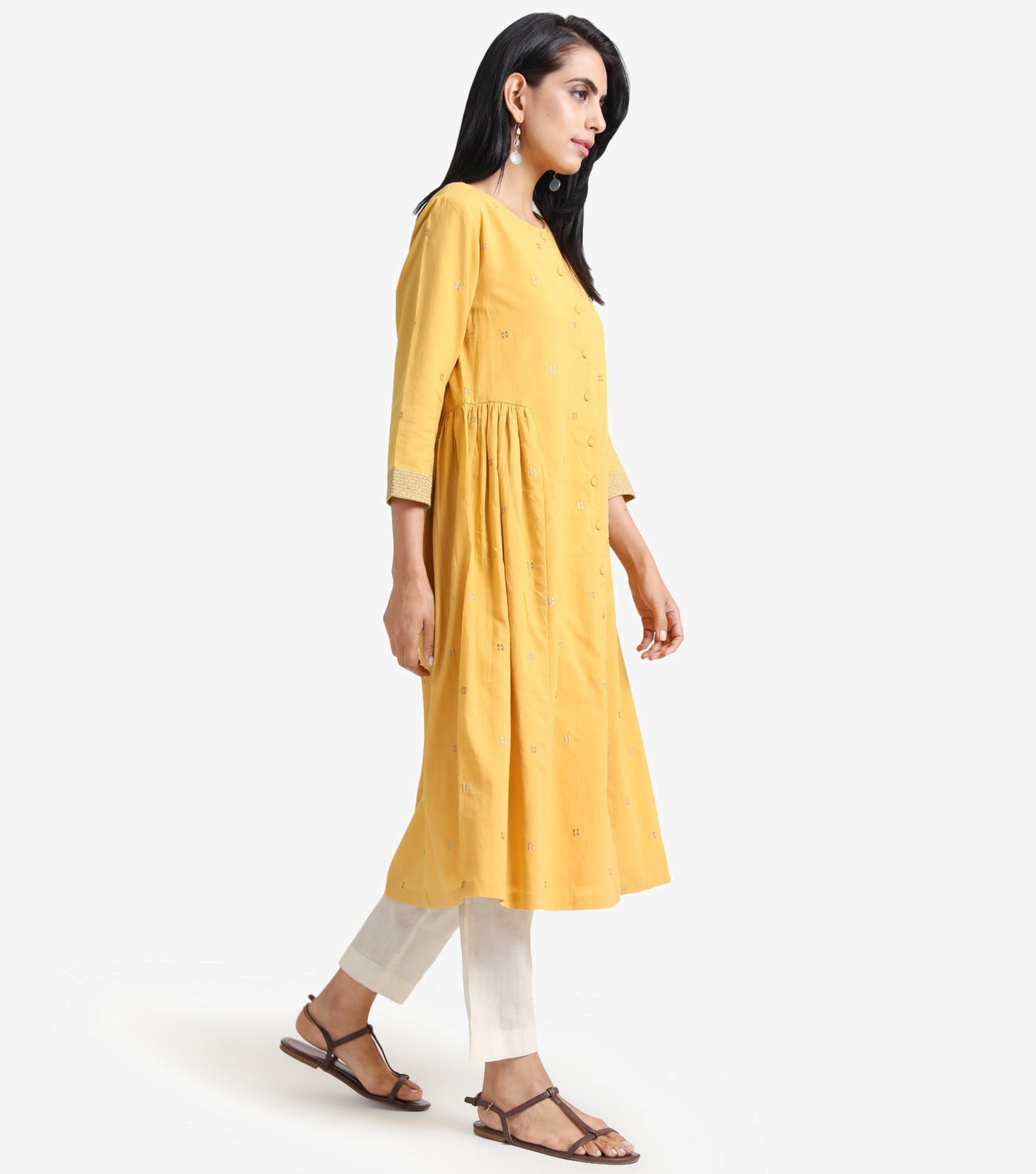 Yellow cotton embroidered kurta