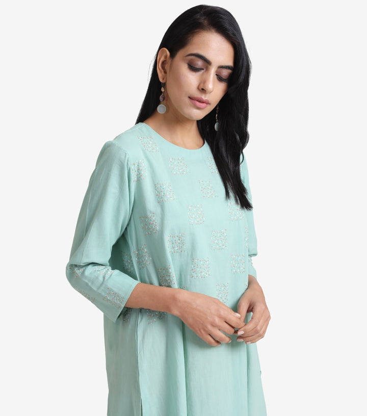 Turquoise Cotton Asymmetrical Kurta