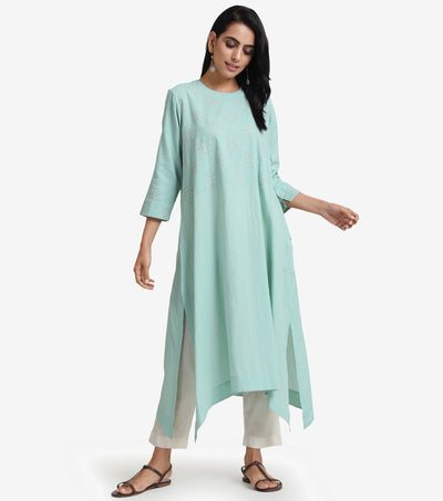 Turquoise Cotton Asymmetrical Kurta