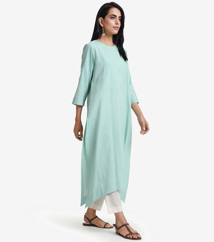 Turquoise Cotton Asymmetrical Kurta