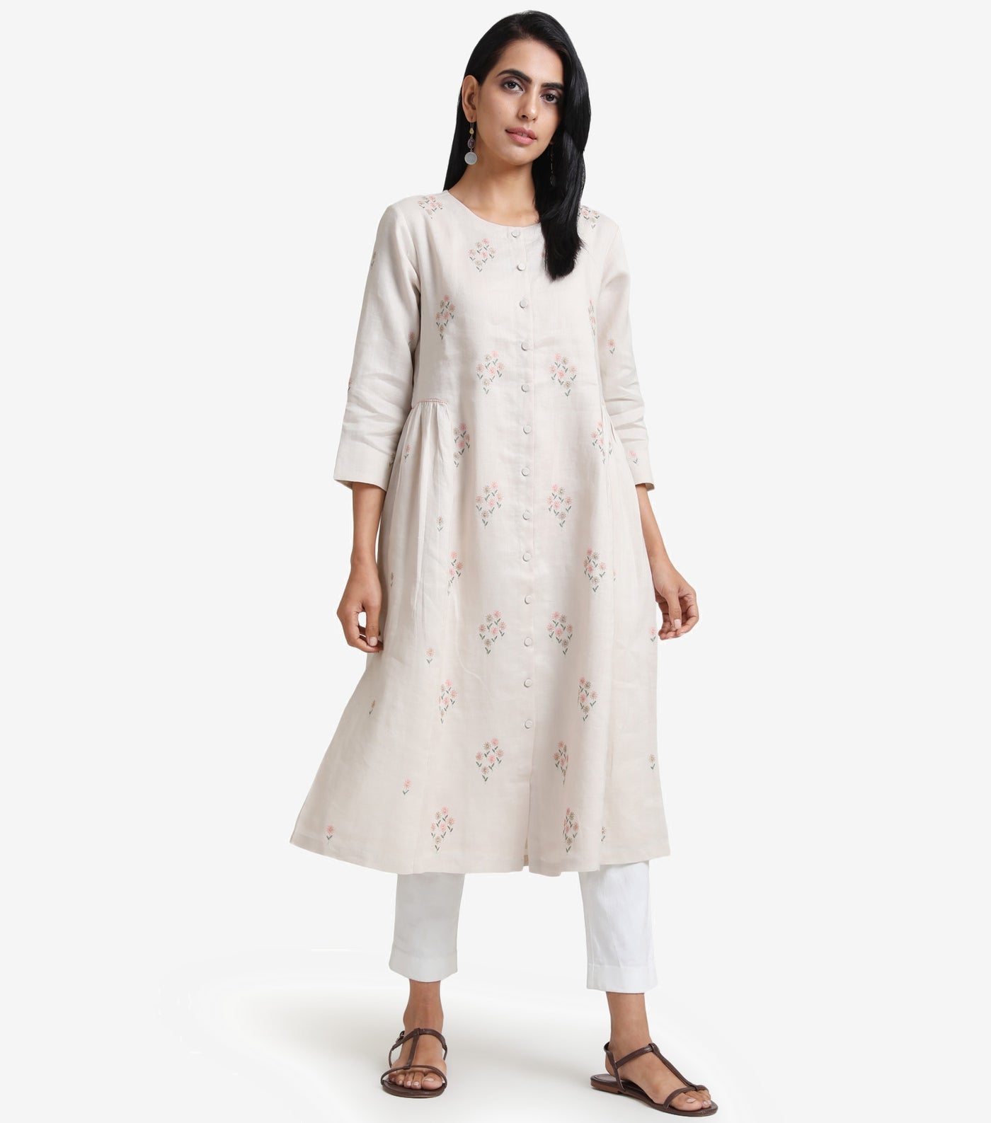 Beige linen embroidered kurta