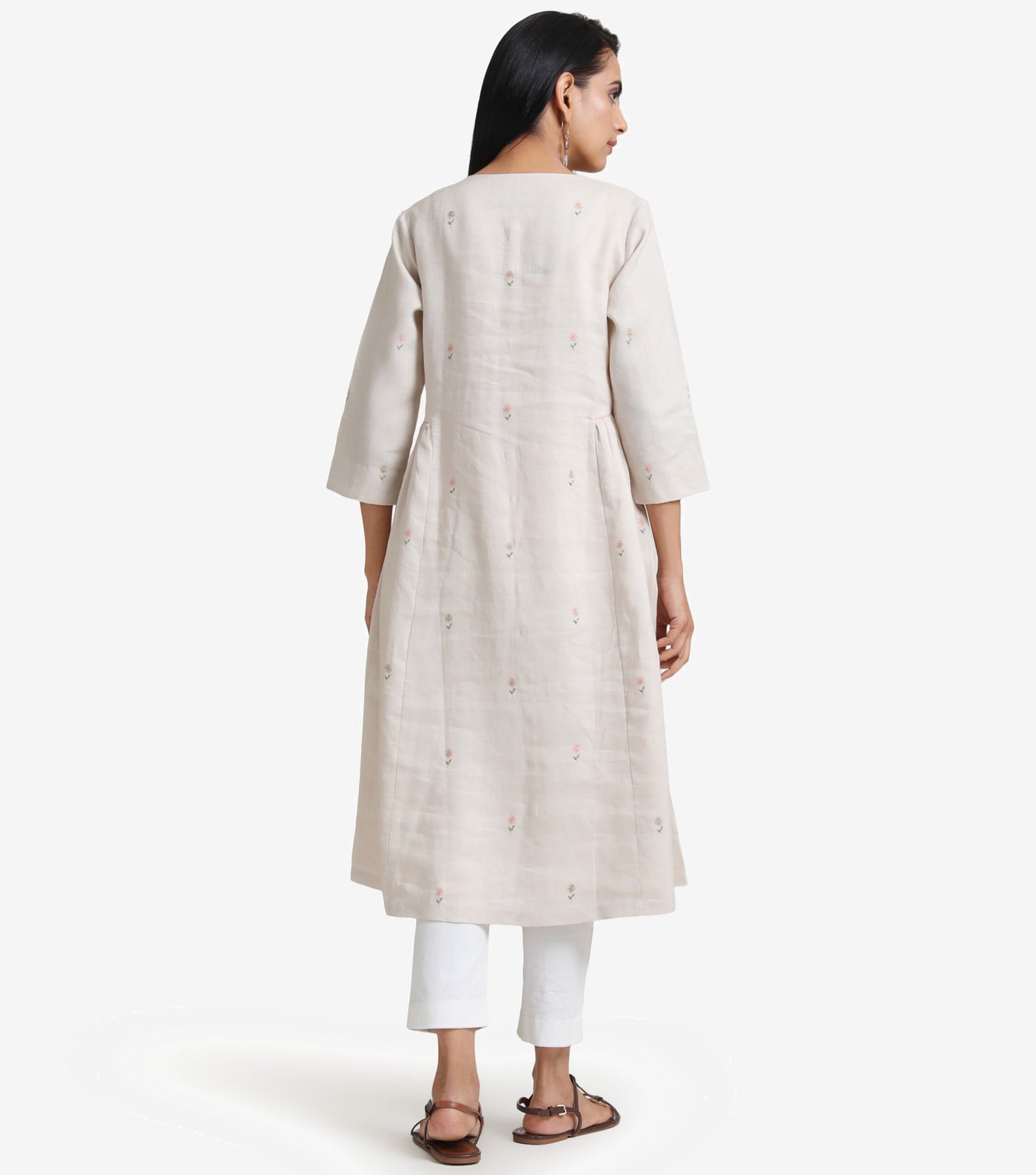 Beige linen embroidered kurta