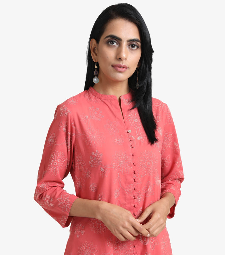 Coral cotton embroidered Kurta