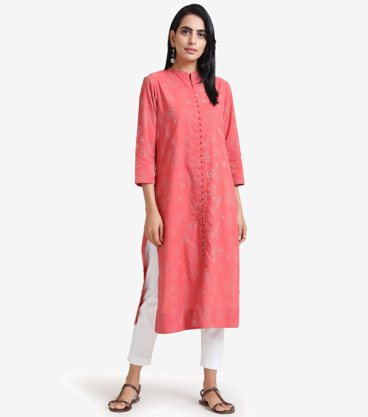 Coral cotton embroidered Kurta