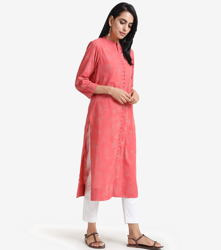 Coral cotton embroidered Kurta