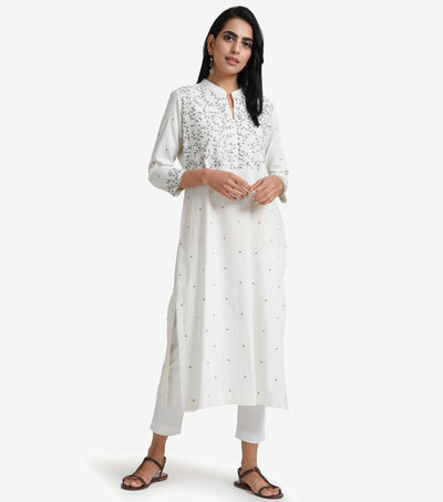 White cotton embroidered kurta