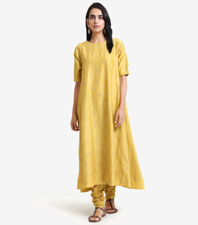 Yellow chanderi embroidered kurta & churidaar set